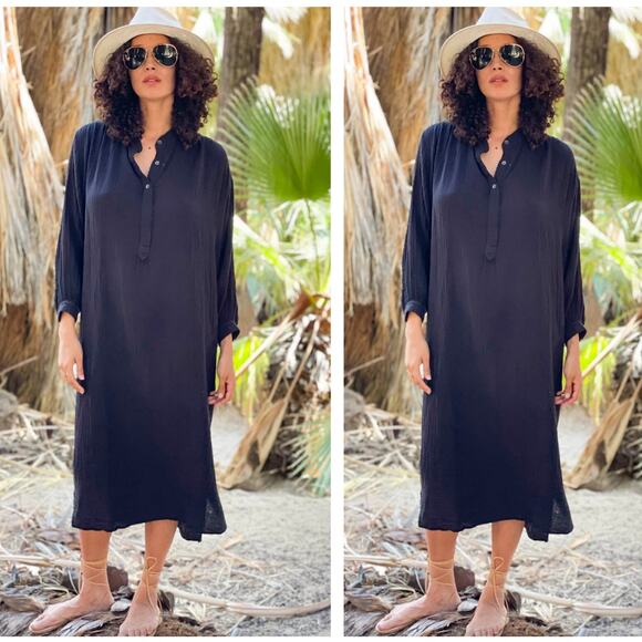 JOHNNY WAS Calme Liya Pocket Tunic Midi Dress Gauze Black Sz S {3S41} - Picture 1 of 6